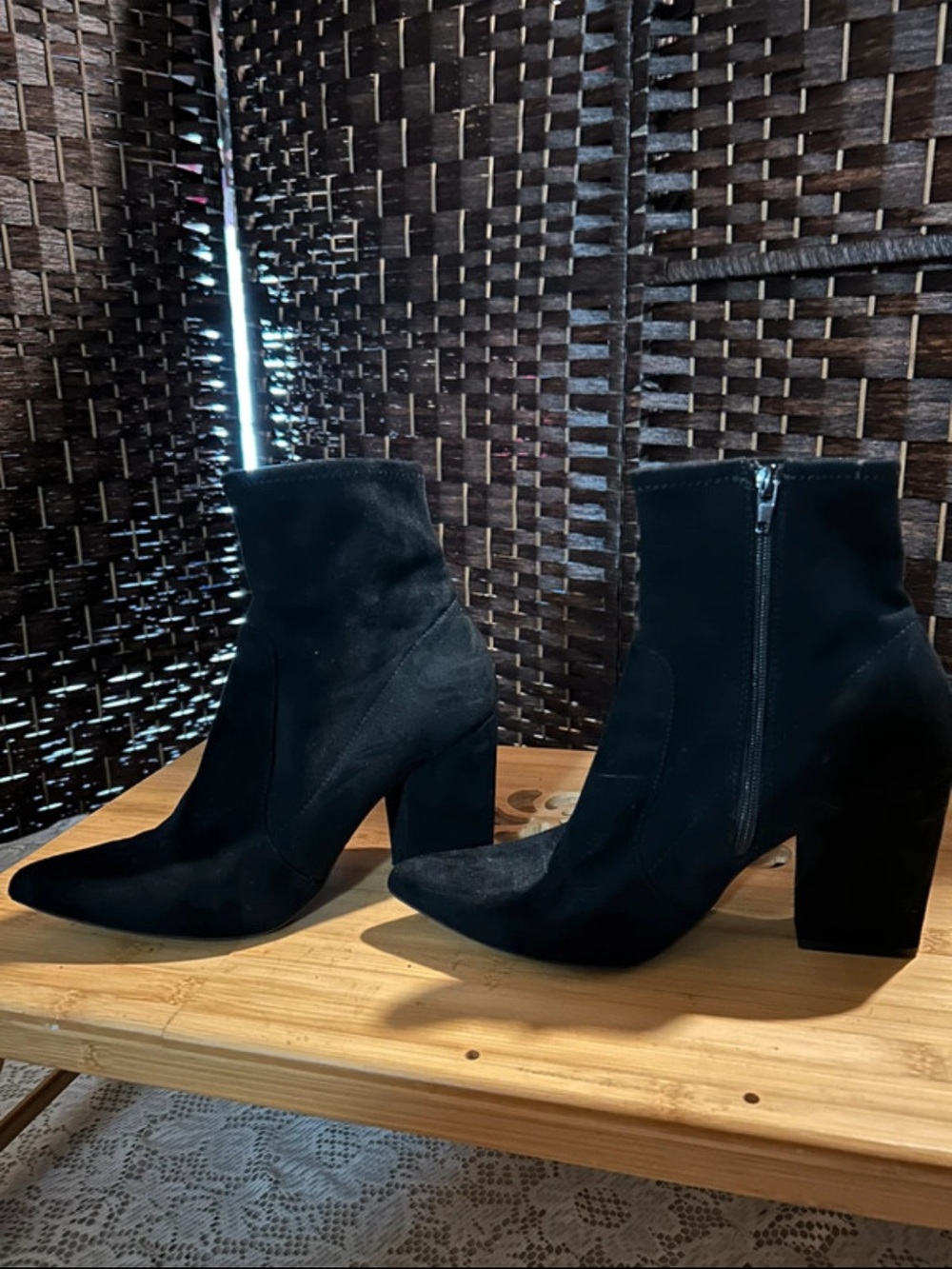 Black Suede Pointed Toe Ankle Booties with Block Heel